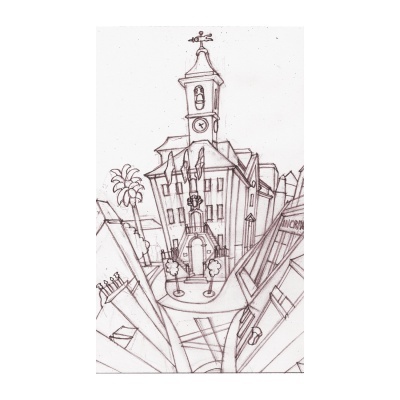 Desenho a lápis de edifício com torre e relógio entre árvores e ruas em perspectiva
