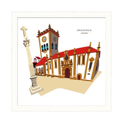 Ilustração digital de edifício histórico e coluna decorativa com texto 'BRAGANÇA Portugal'