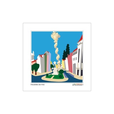 Ilustração de rua em Figueira da Foz com escultura e edifícios coloridos