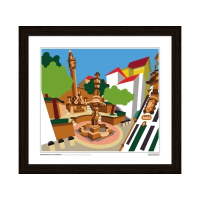 Ilustração digital de praça com fontes e árvores, edifícios ao fundo, em moldura de madeira escura