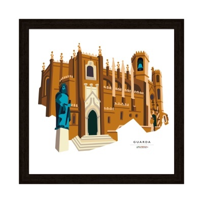 Quadro decorativo com ilustração de edifício histórico e estátuas azuis