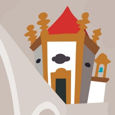 Desenho estilizado de um edifício com telhado vermelho e paredes brancas.