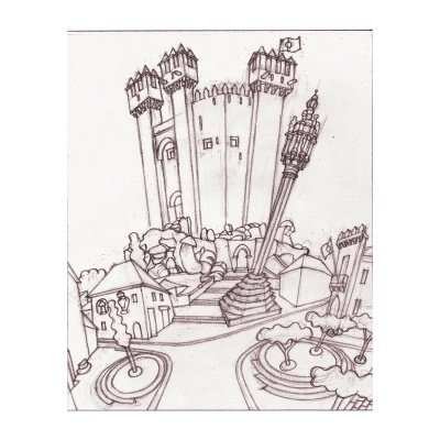 Desenho a preto e branco de um castelo com torres altas e árvores em redor