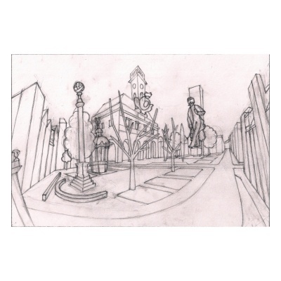 Desenho a lápis de uma praça urbana com estátua e torre com relógio