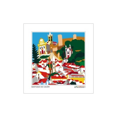 Ilustração colorida de Santiago do Cacém com casas de telhados vermelhos e castelo no topo da colina.