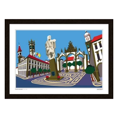 Ilustração digital da praça da cidade de Ponta Delgada com estátua, edifícios e céu azul