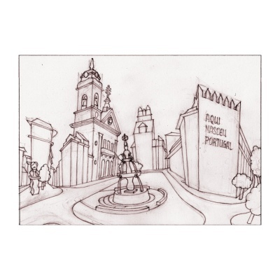 Desenho a lápis de praça com fonte e edifícios antigos com inscrição 'AQUI NASCEU PORTUGAL'