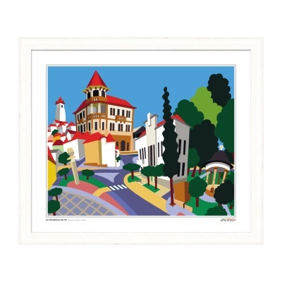 Ilustração colorida e moderna de paisagem urbana com edifícios, árvores e jardim