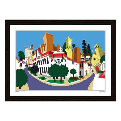 Desenho gráfico colorido de cidade histórica emoldurado