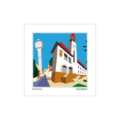 Ilustração colorida de edifício com torre de relógio e passo largo