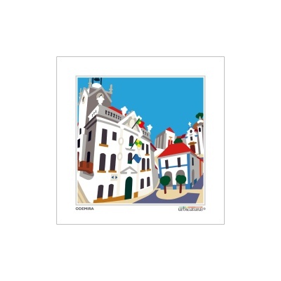 Ilustração urbana colorida de edifícios brancos com detalhes coloridos e céu azul.