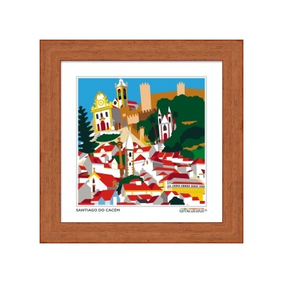 Quadro com imagem colorida da cidade de Santiago do Cacém e moldura de madeira