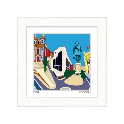 Ilustração colorida de arquitetura em Porto com estátua e edifício moderno