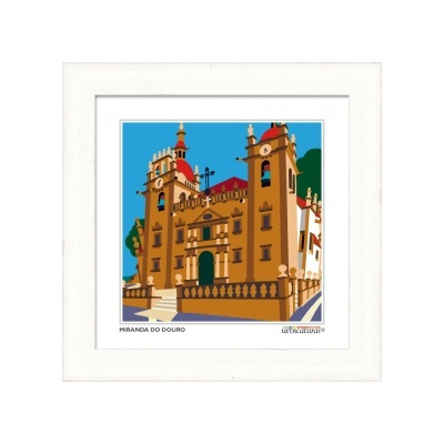 Quadro com arte gráfica de edifício histórico amarelo em Miranda do Douro