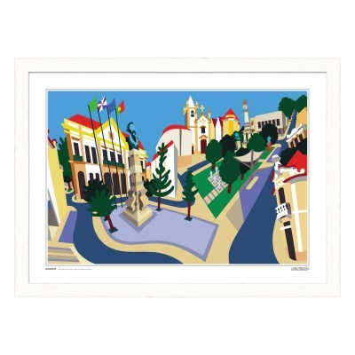 Gravura artística colorida de uma paisagem urbana estilizada com edifícios e árvores