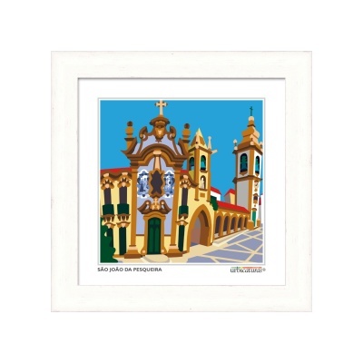 Imagem gráfica colorida de edifício tradicional emoldurada com moldura branca