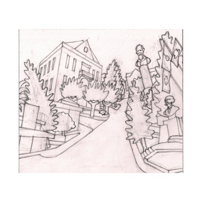 Desenho a lápis de uma rua com edifícios, árvores e bustos em pedestais