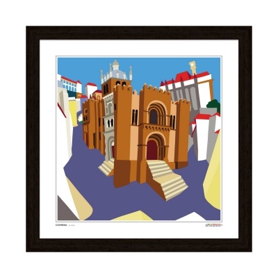 Ilustração de monumento histórico emoldurada com edifícios ao redor