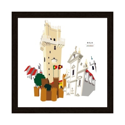 Ilustração estilizada de monumentos de Beja com torre, edifício e árvores