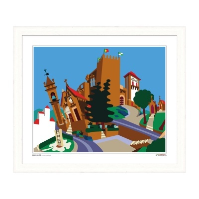 Quadro ilustrativo de vila estilizada com edifícios castanhos e telhados vermelhos