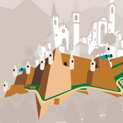 Fortaleza amarela com torres e canhões azuis e brancos, fundo de edifícios históricos cinzentos