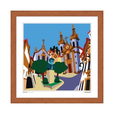 Quadro ilustrativo com edifícios antigos, árvores e busto em moldura de madeira