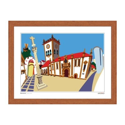 Ilustração de igreja e estátua com cruz ao lado em moldura de madeira