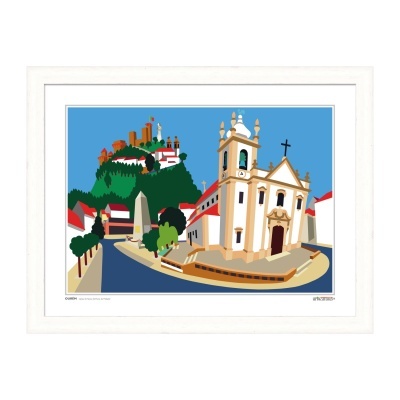 Ilustração colorida de igreja com castelo em colina ao fundo, em moldura branca