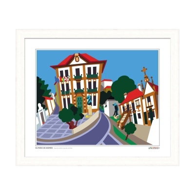 Ilustração colorida de rua com edifícios de estilo tradicional em quadro branco