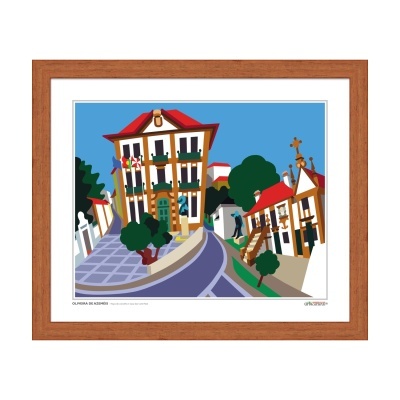Quadro com gravura de rua tradicional e moldura de madeira