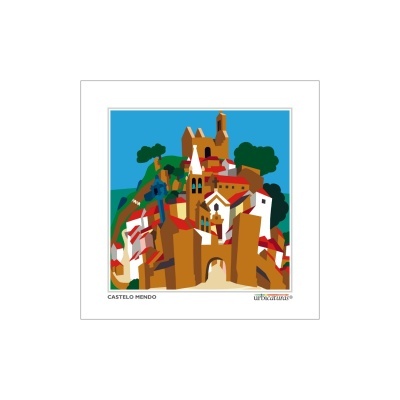 Ilustração colorida do Castelo de Mendo com casas e árvores