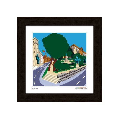 Quadro ilustrado de praça em Porto com árvores e estátuas