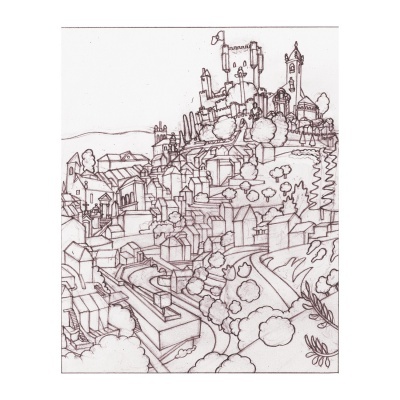 Desenho a tinta de vila antiga com castelo no topo da colina