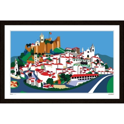 Quadro decorativo com vila portuguesa gráfica colorida e moldura preta