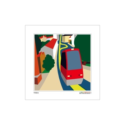 Ilustração estilizada de elétrico vermelho em rua com árvores e edifícios coloridos