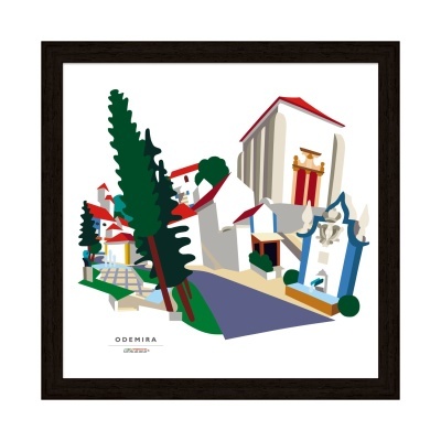 Ilustração estilizada de aldeia com casas brancas, telhados vermelhos e árvores verdes