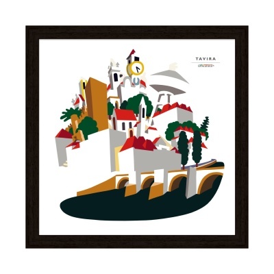 Ilustração estilizada da cidade de Tavira com edifícios e ponte