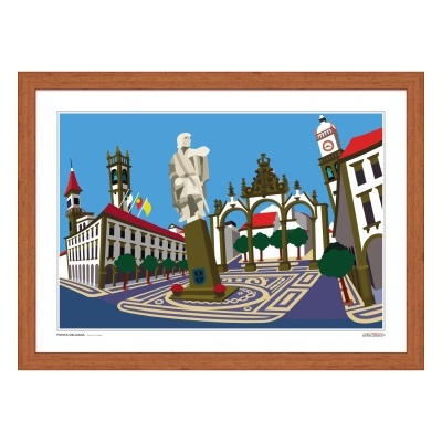 Ilustração gráfica colorida da praça central de Ponta Delgada com moldura de madeira castanha