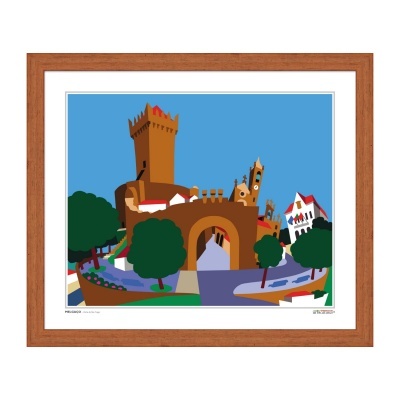 Ilustração colorida de torre castelo com árvores e edifícios em quadro com moldura de madeira.