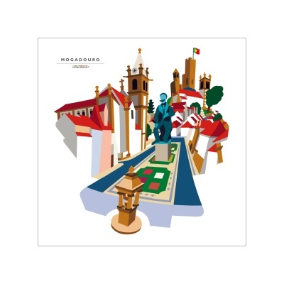 Ilustração digital colorida de edifícios e uma estátua com bandeira de Portugal e texto MOGADOURO DKOLH ITKT