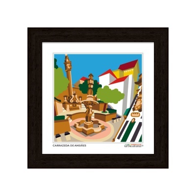 Quadro ilustrativo da Carrasqueira de Ansiães com colunas, fontes, árvores e casas coloridas