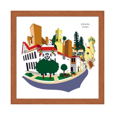 Ilustração estilizada de edifícios históricos com moldura de madeira