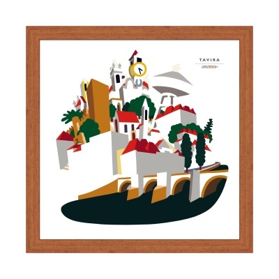 Ilustração moderna da cidade de Tavira com arquitetura e árvores em moldura de madeira