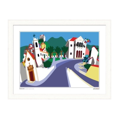 Gravura colorida de vila estilizada com moldura branca