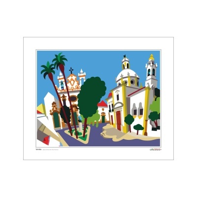 Ilustração colorida de edifícios históricos com árvores e palmeiras