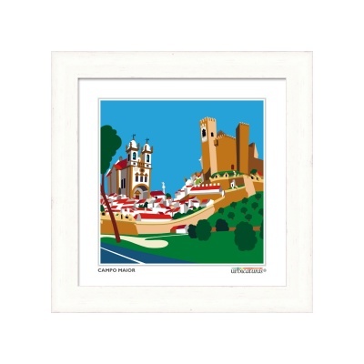 Quadro emoldurado com ilustração colorida do castelo e igreja em Campo Maior