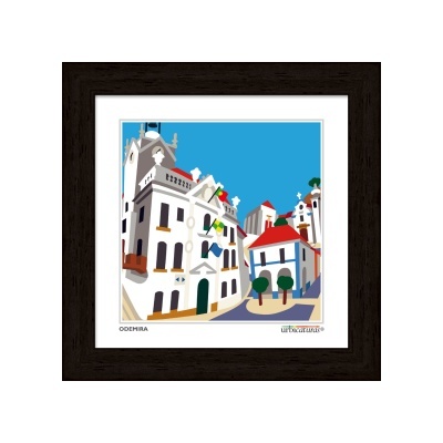 Reprodução artística colorida de edifícios brancos com telhados vermelhos numa moldura preta