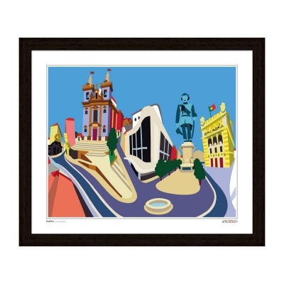 Ilustração estilizada de cenário urbano com estátua e edifícios históricos