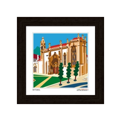Quadro ilustrativo de edifício histórico gótico em Setúbal com moldura preta