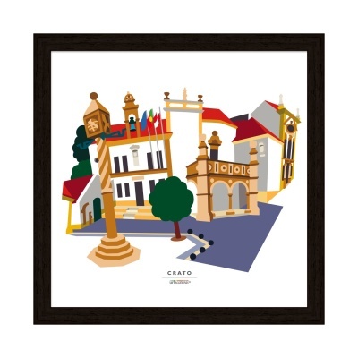 Ilustração colorida de elementos arquitetónicos do Crato em moldura preta